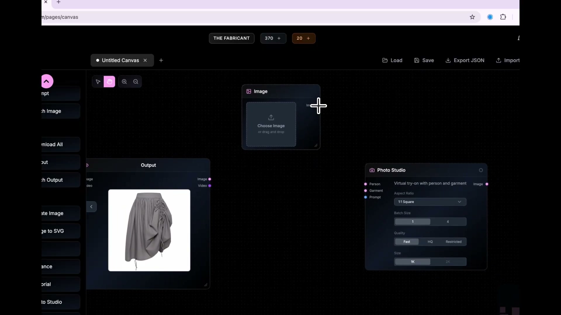 The Fabricant Canvas workflow generating a photorealistic gray draped skirt from a fashion sketch using AI