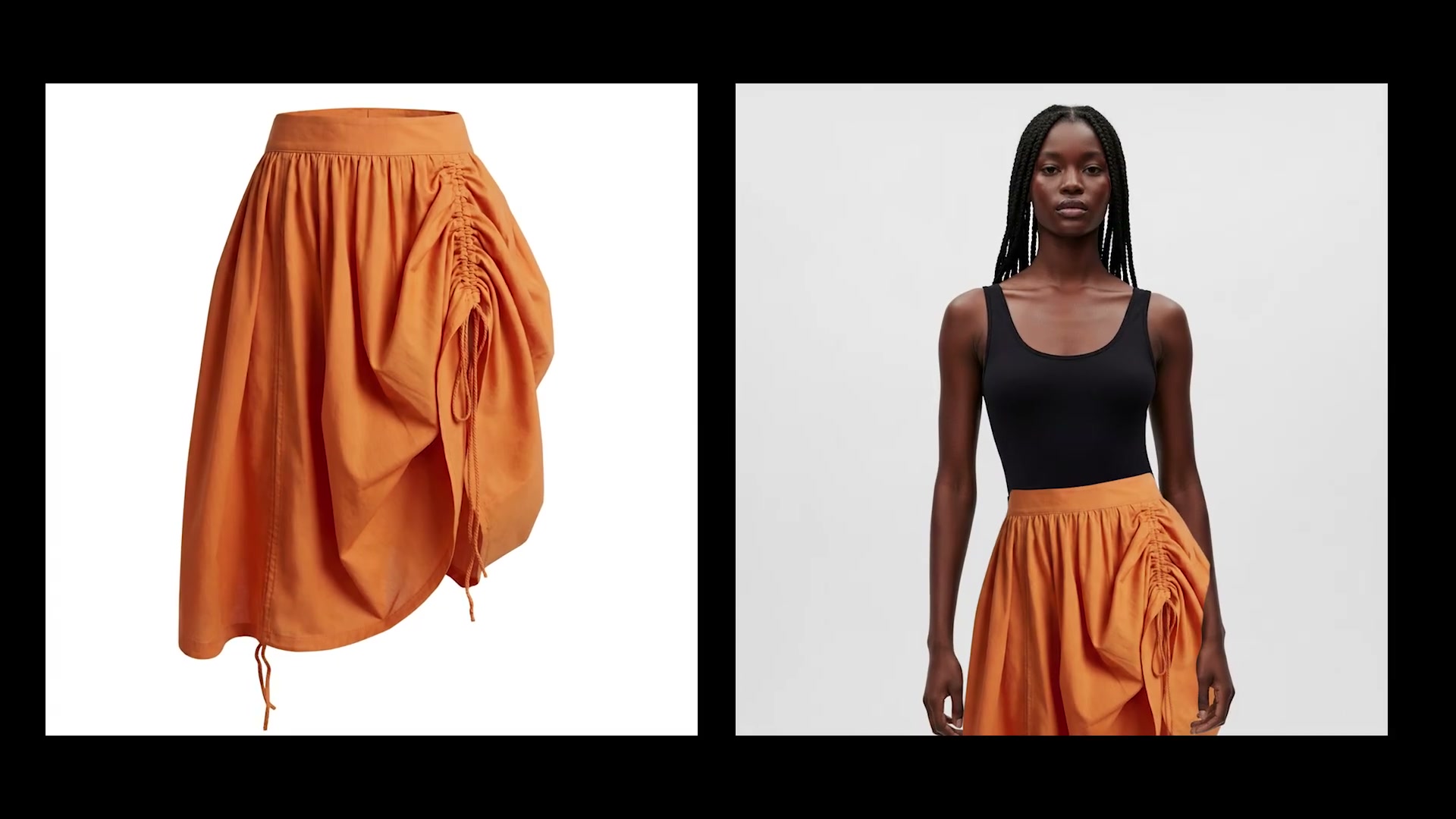 AI fashion workflow result showing generated orange draped skirt alongside a virtual model wearing the same garment, created with The Fabricant Canvas