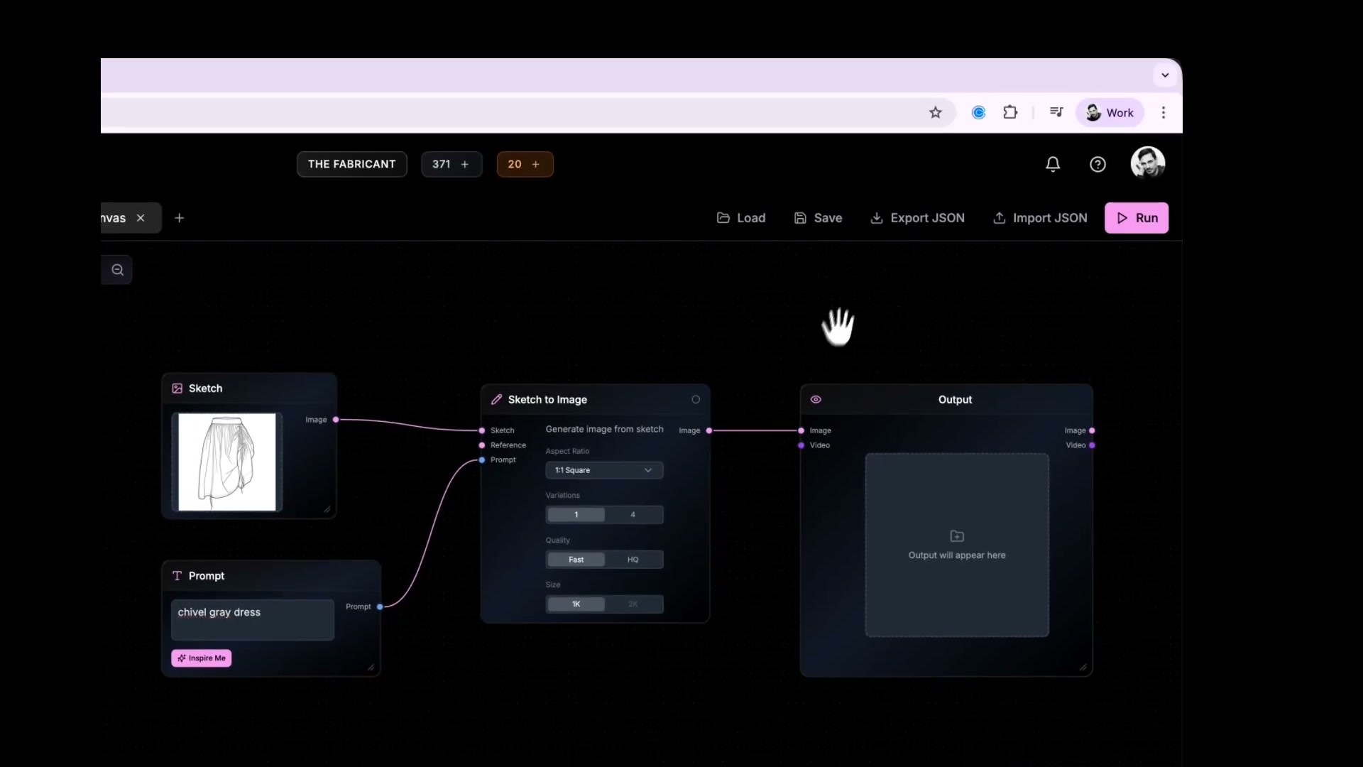 The Fabricant Canvas workflow showing Sketch, Prompt, and Sketch to Image nodes connected to an Output node
