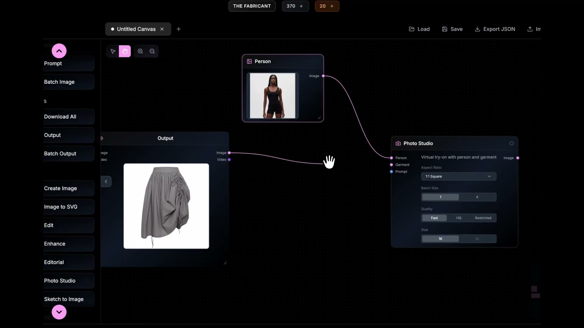 The Fabricant Canvas showing a Person image node and generated garment connected to the Photo Studio node for virtual try-on