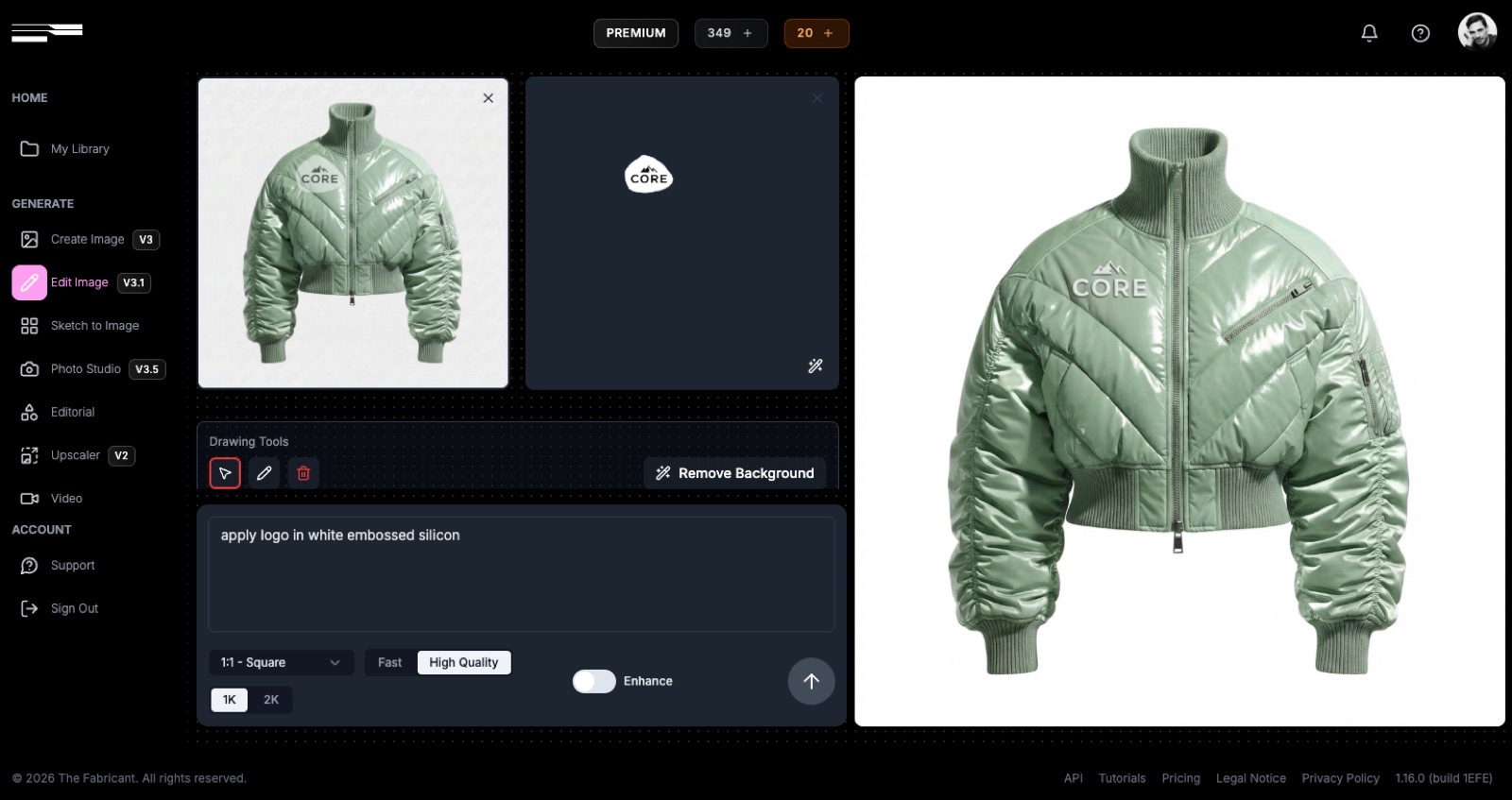 The Fabricant platform interface showing fashion-specific AI tools including Create Image, Edit Image, Sketch to Image, Photo Studio and Editorial