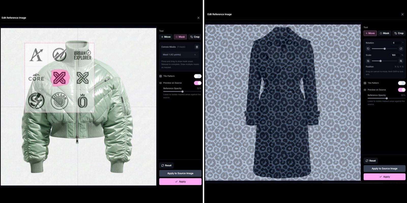 The Fabricant Edit Reference Tool showing logo placement with position scale and rotation controls on a jacket, and material pattern tiling on a coat