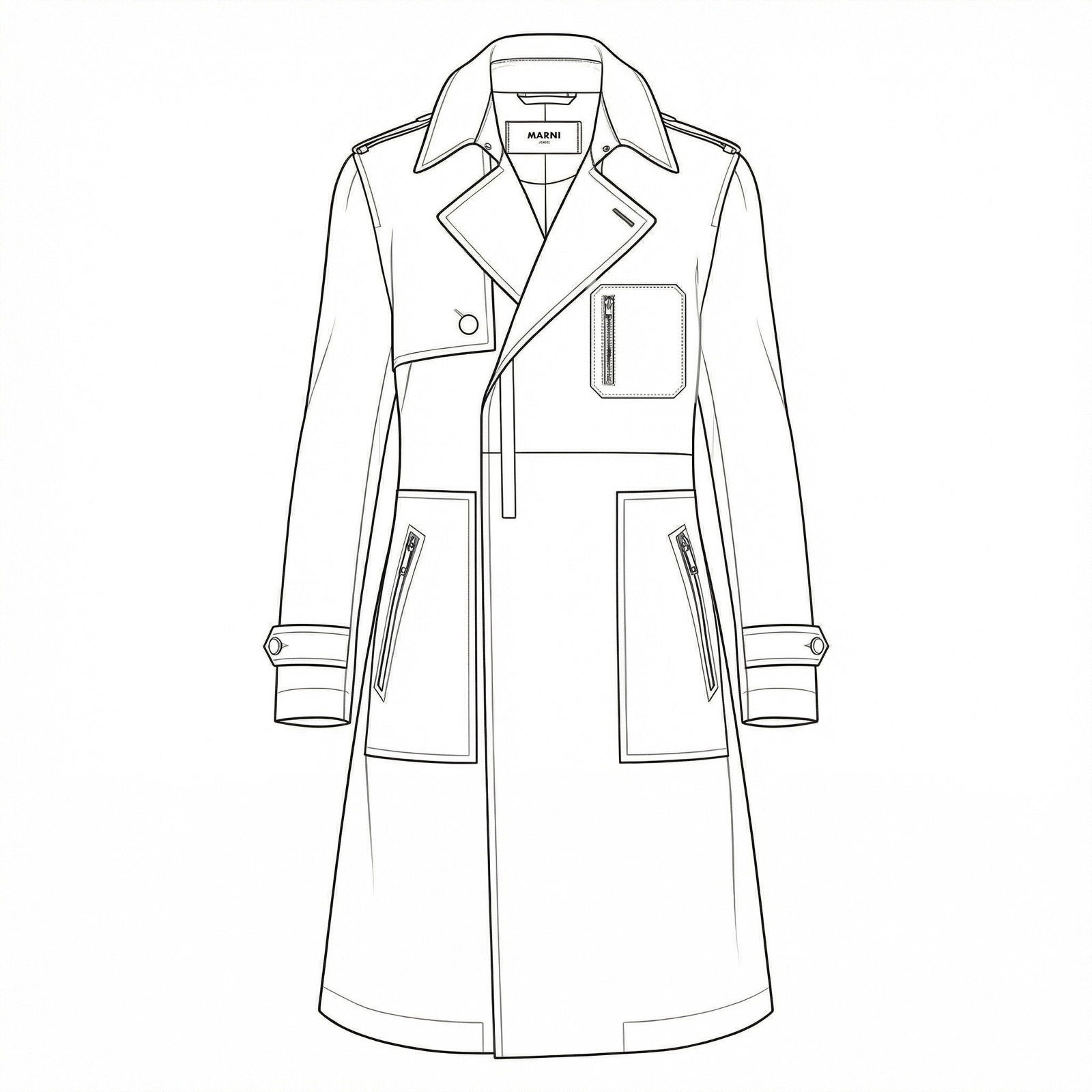 Production-ready technical flat drawing generated by The Fabricant showing a trench coat with accurate stitching, zipper placements and construction details
