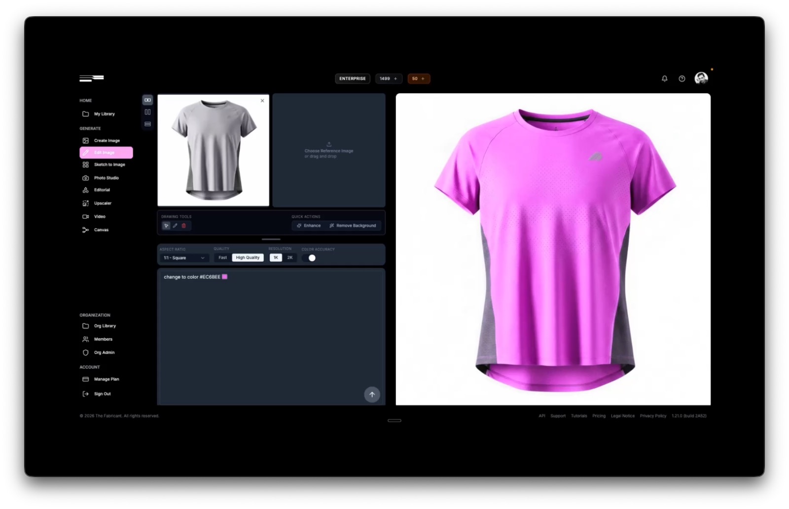 The Fabricant Edit Image Quality and Color Accuracy toggles enabled in the settings panel for brand-accurate AI color generation
