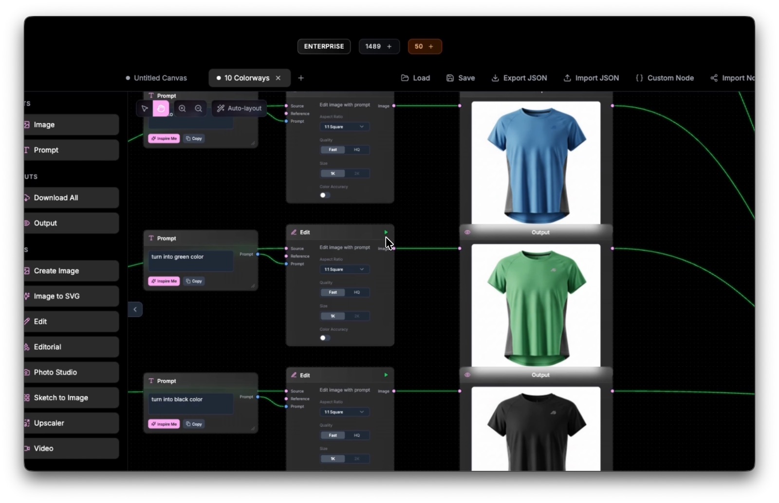 Close-up of an individual Edit node in The Fabricant Canvas with the Play icon highlighted, showing how to regenerate a single colorway without re-running the full batch workflow