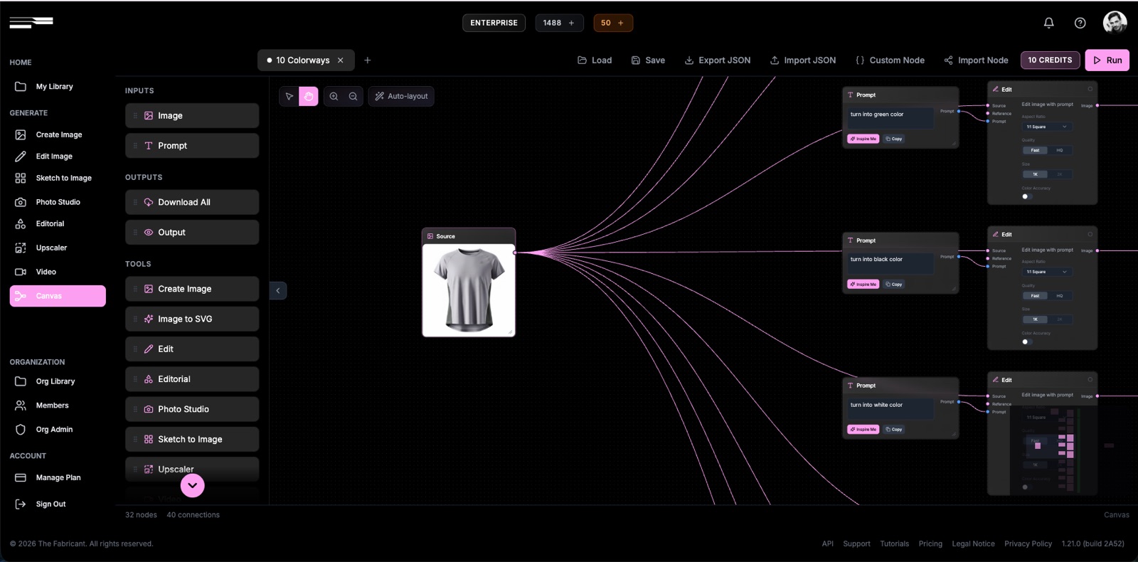 The Source Image node in The Fabricant Canvas workflow with a grey t-shirt connected to ten downstream Edit nodes for parallel colorway generation