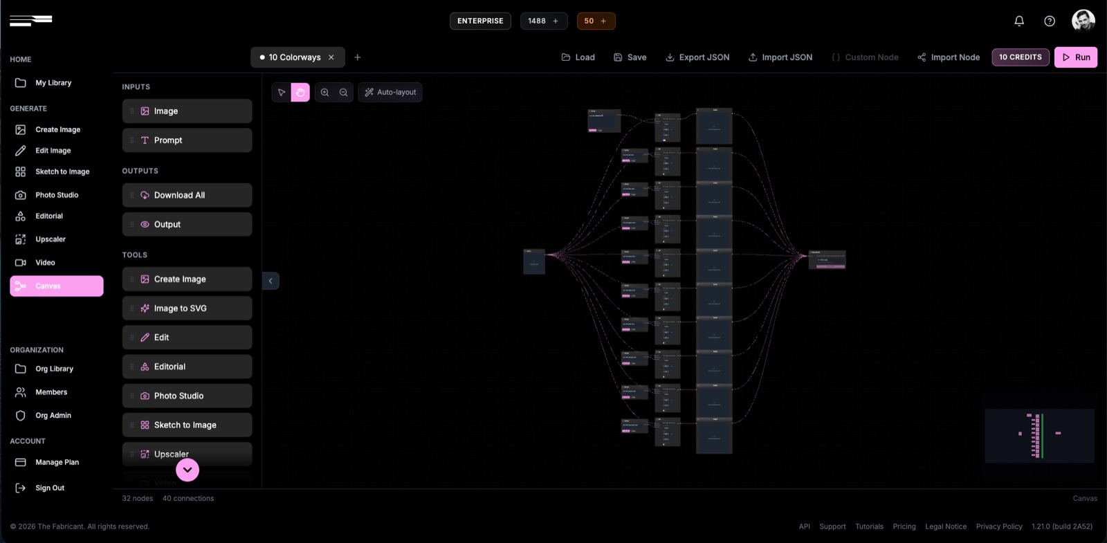 The Fabricant Canvas interface with the 10 Colorways workflow loaded, showing the node graph for batch color generation across a garment collection