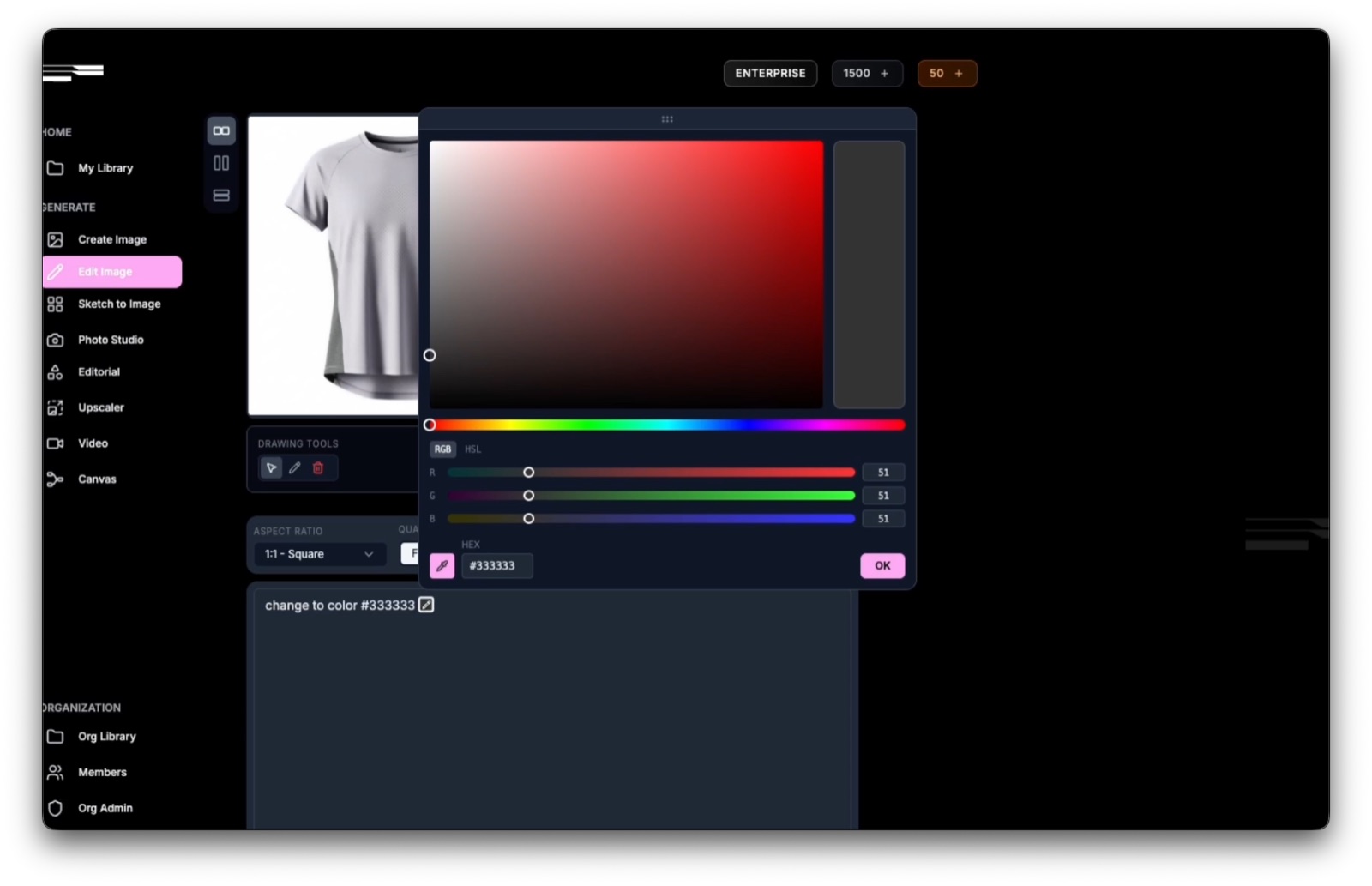 The Fabricant Edit Image color picker showing Hex code entry, RGB and HSL sliders, and the eyedropper tool applied to a grey t-shirt source