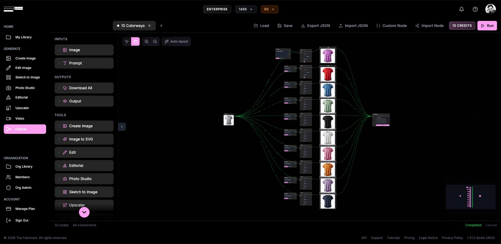 The Fabricant Canvas after running the 10 Colorways workflow showing the same t-shirt rendered in red, blue, green, black, white, pink, orange, lavender, and navy variants
