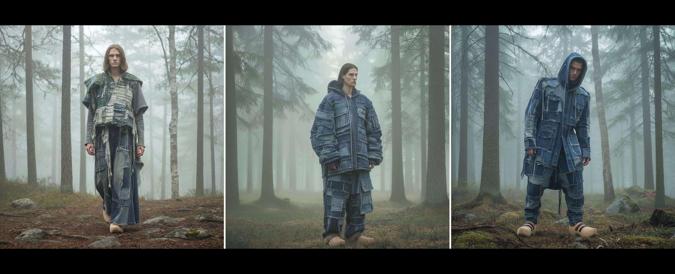 Reborn Myths by Tiia Jaakkola — first-place collection at The Fabricant's Design Forward 2026 AI fashion design competition, three patchwork denim looks in a foggy Finnish forest.