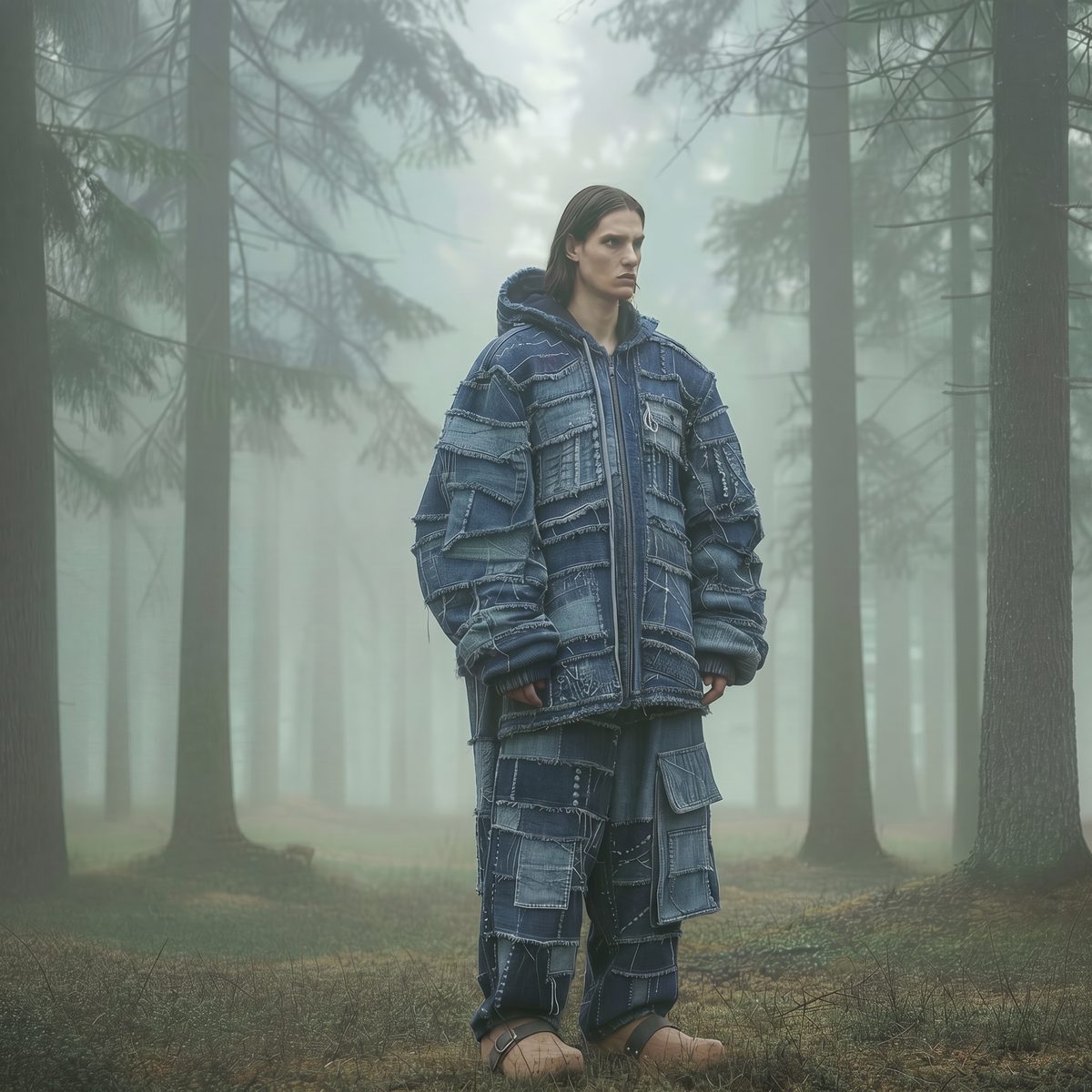Reborn Myths by Tiia Jaakkola — winning look from Design Forward 2026, an oversized AI-generated patchwork denim puffer jacket and trousers.