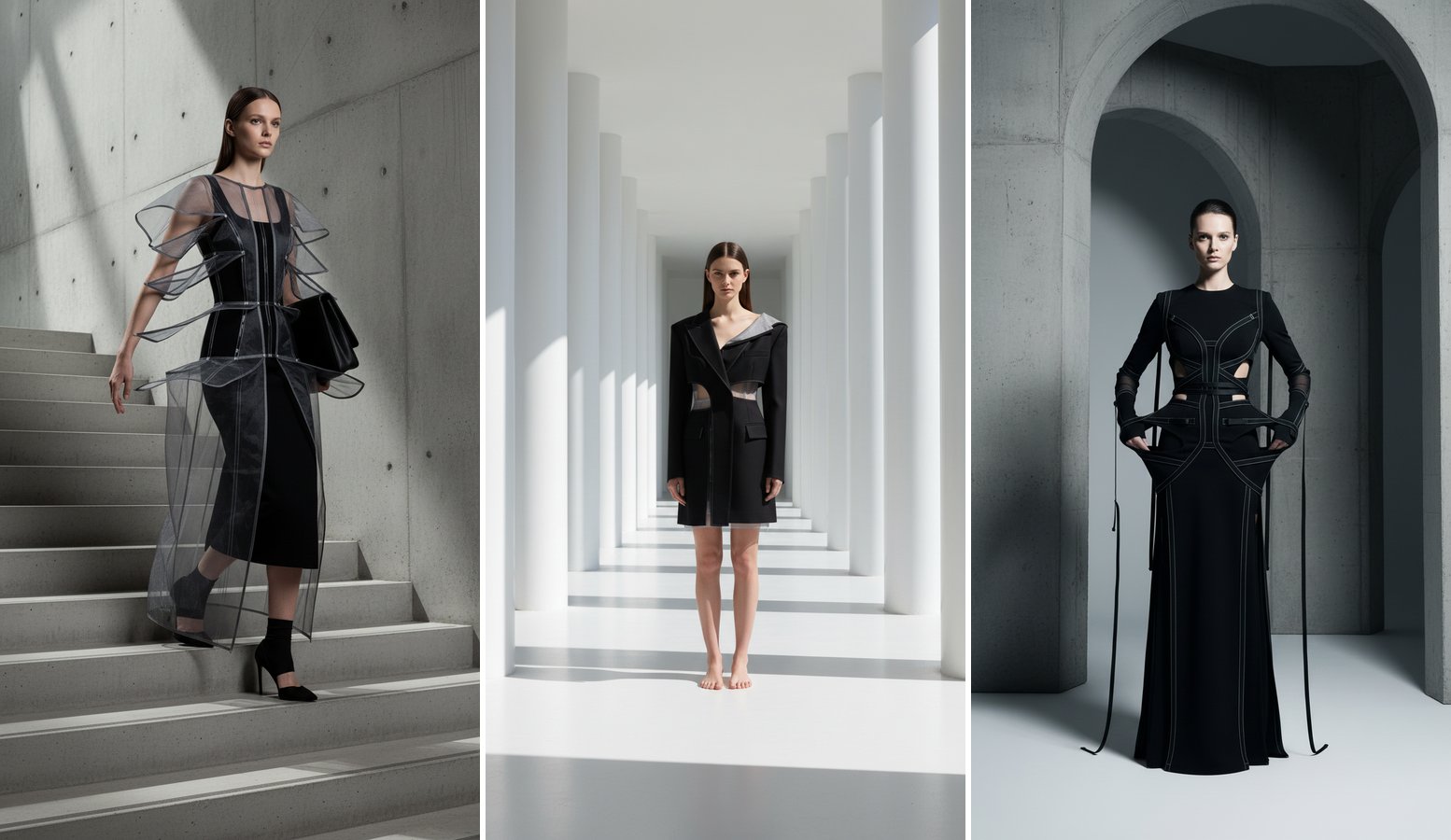 Invisible Architecture by Akriti Awatwani — three AI-generated looks exploring tailoring, structure and negative space, shot in minimalist concrete and white-corridor settings. Second place at Design Forward 2026.
