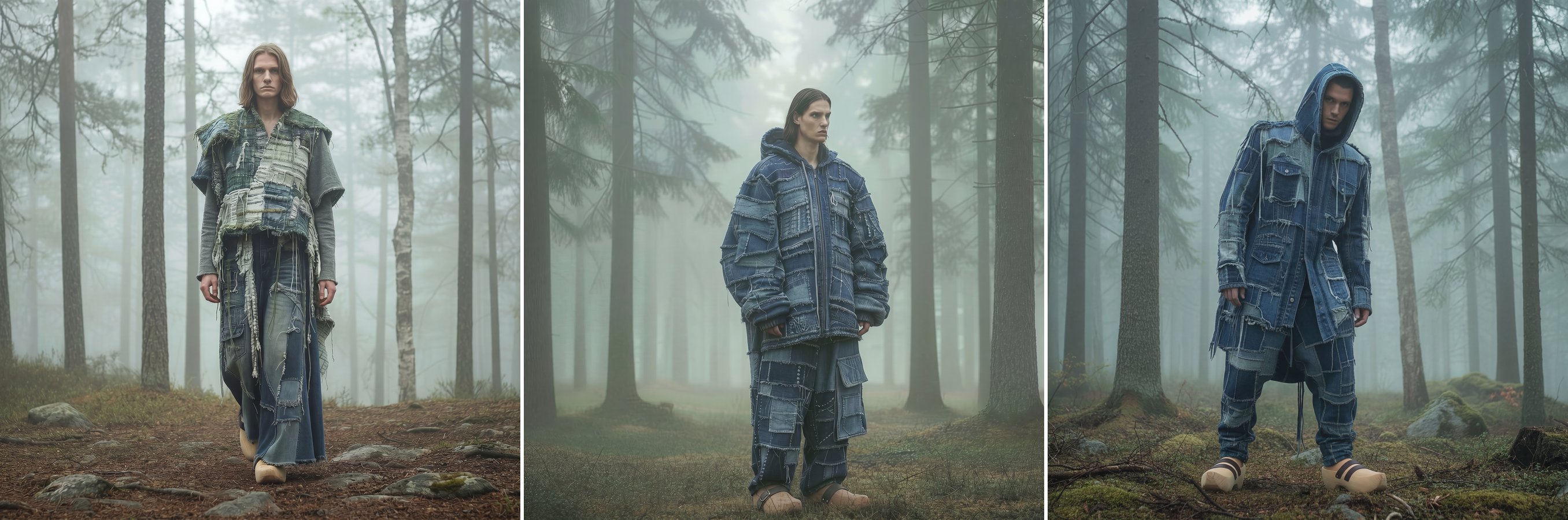 Reborn Myths by Tiia Jaakkola — three AI-generated looks built from upcycled denim patchwork, photographed in a foggy Finnish forest. First-place collection at Design Forward 2026.
