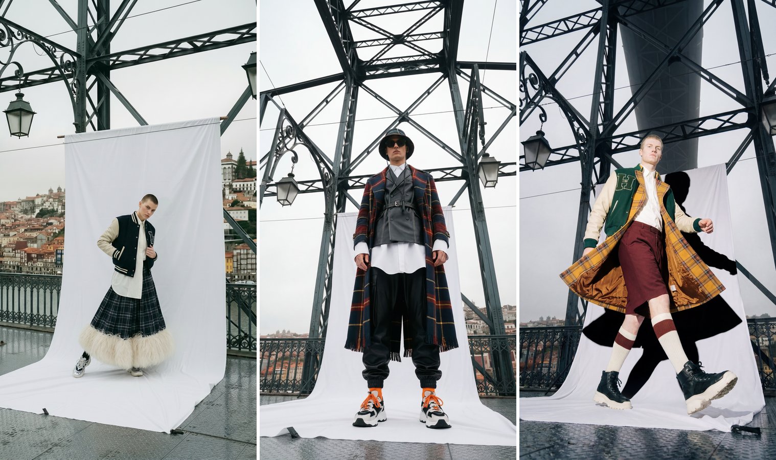 Streetwear Preppy by Andre Fonseca Vieira — three AI-generated editorial looks combining varsity jackets, tartan coats and architectural Lisbon backdrops. Third place at Design Forward 2026.