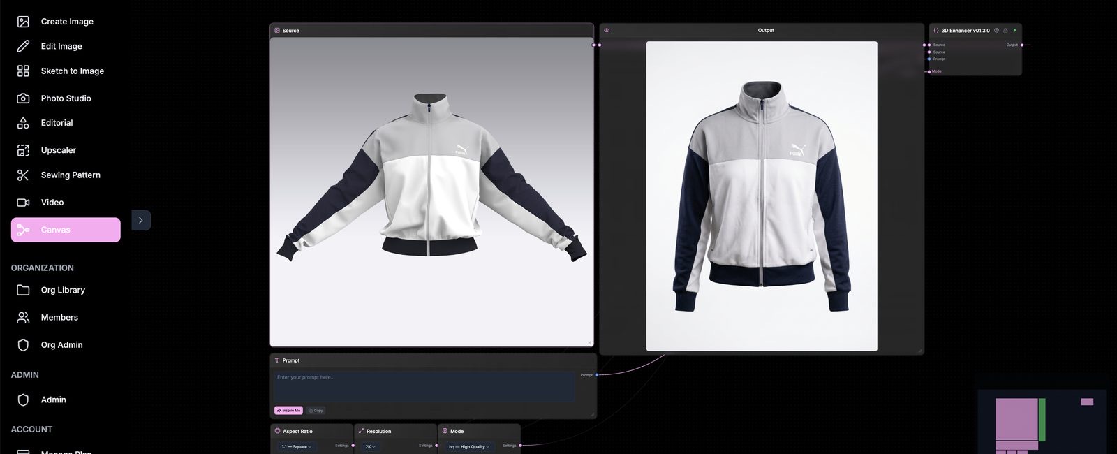 3D Enhancer in The Fabricant Canvas: a raw 3D track jacket render enhanced into a photoreal product image.
