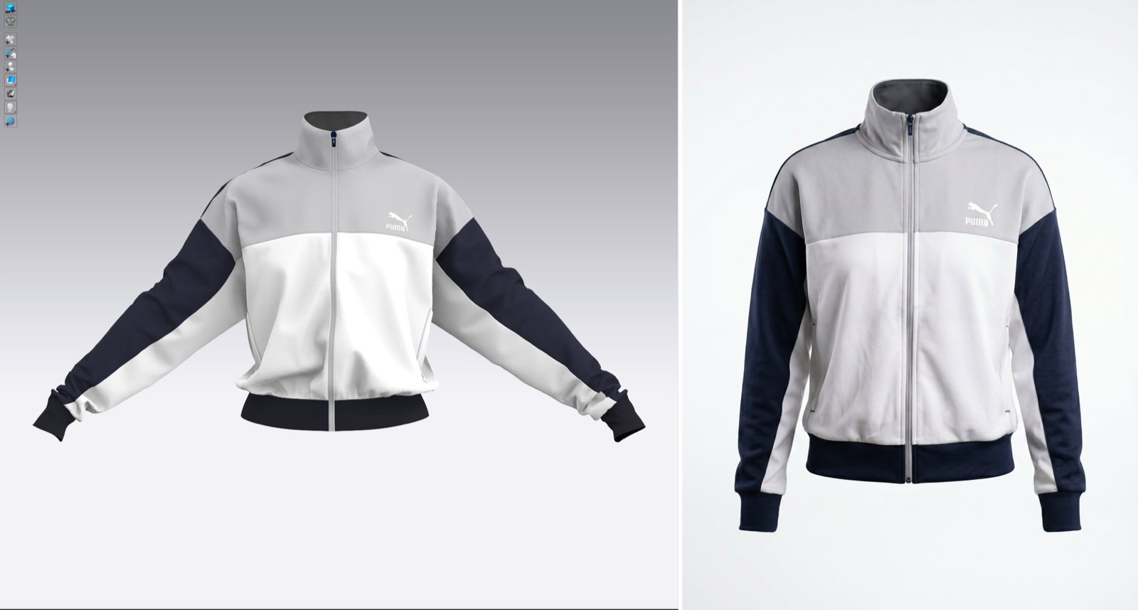 Before and after: a quick 3D screenshot of a navy and grey track jacket and the high-quality render produced with The Fabricant 3D Enhancer.