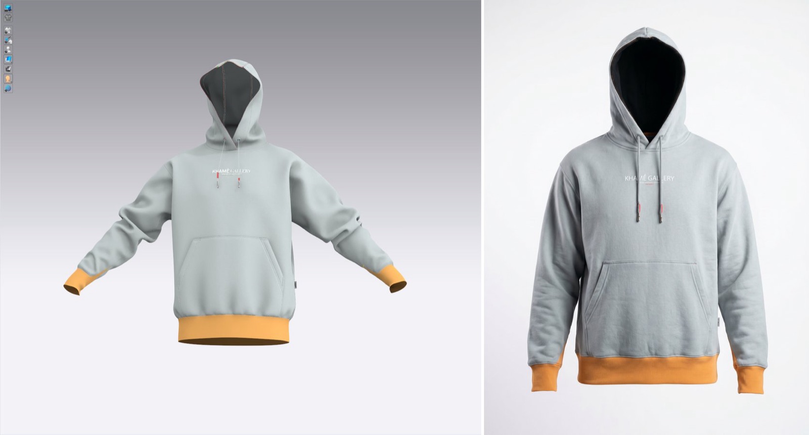 Before and after: a quick 3D screenshot of a grey hoodie and the high-quality render produced with The Fabricant 3D Enhancer.