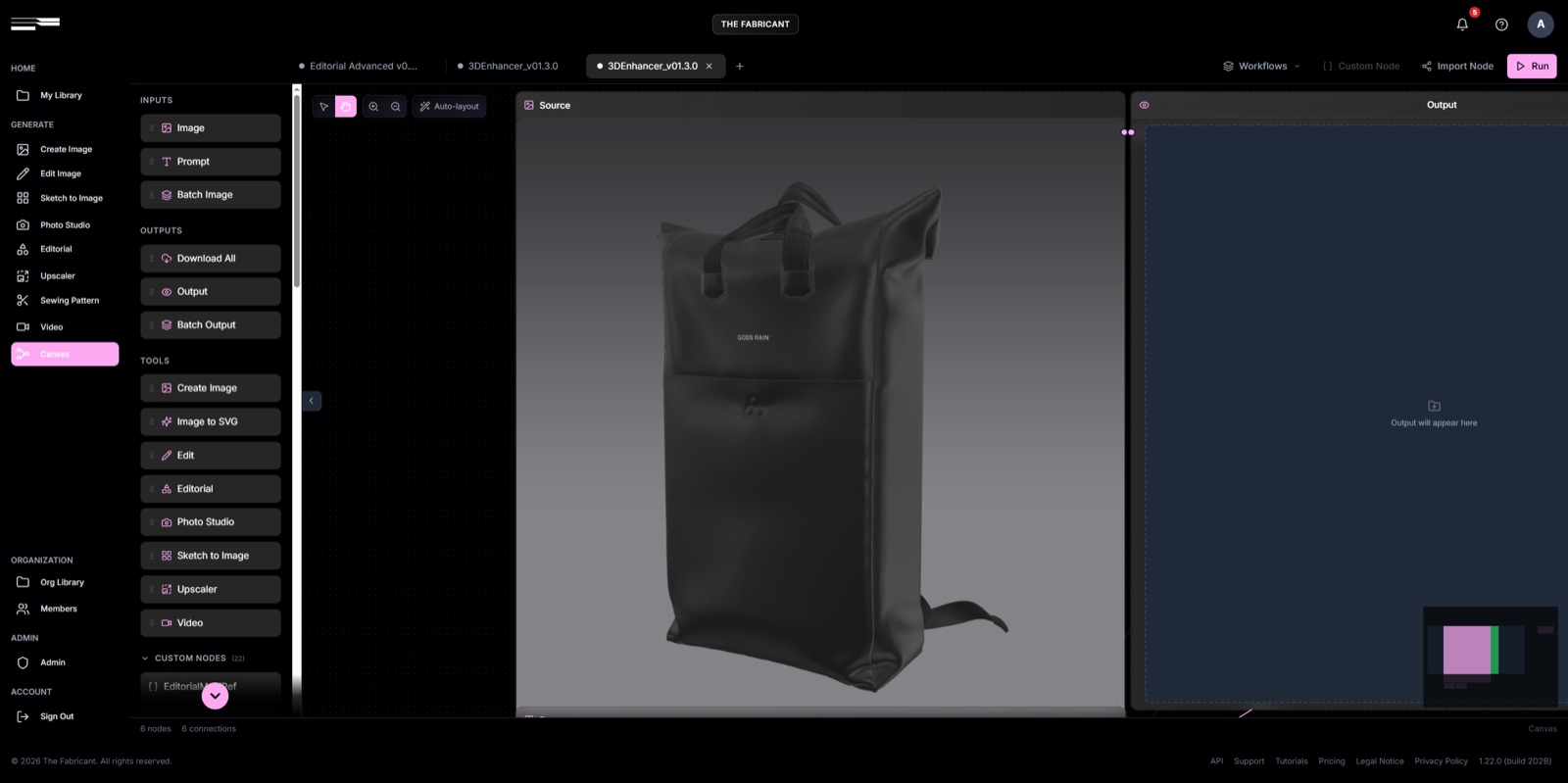 The Source slot in The Fabricant 3D Enhancer with a raw 3D bag render loaded in Canvas.