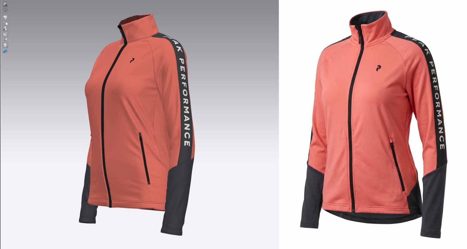 Before and after: a quick 3D screenshot of a coral training jacket and the high-quality render produced with The Fabricant 3D Enhancer.