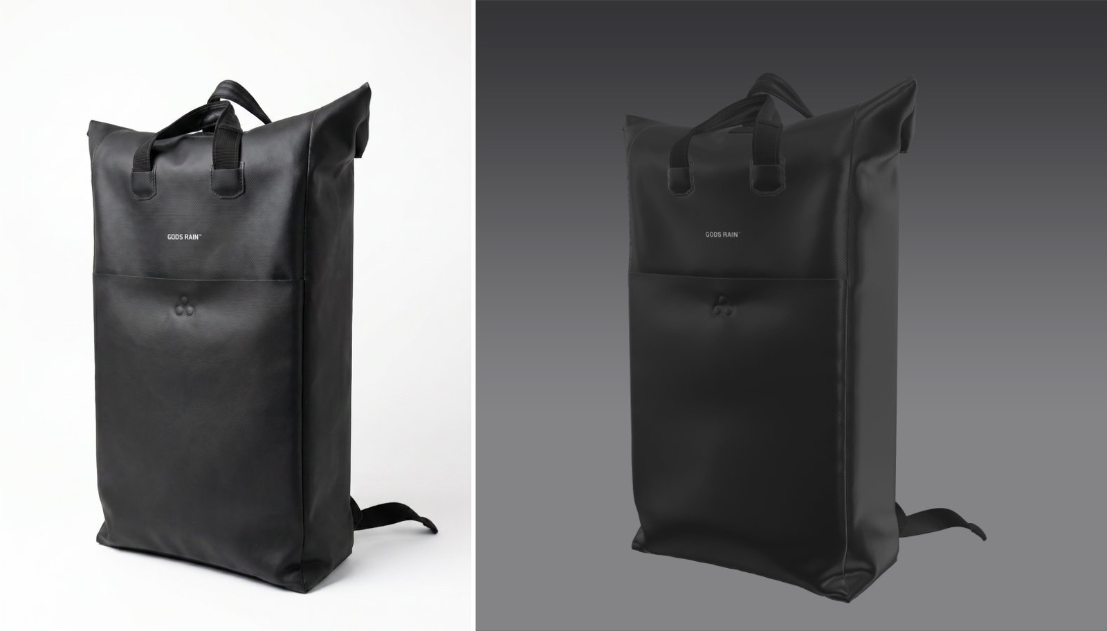Two production-ready 3D Enhancer renders of a black backpack on white and grey studio backgrounds, by The Fabricant.