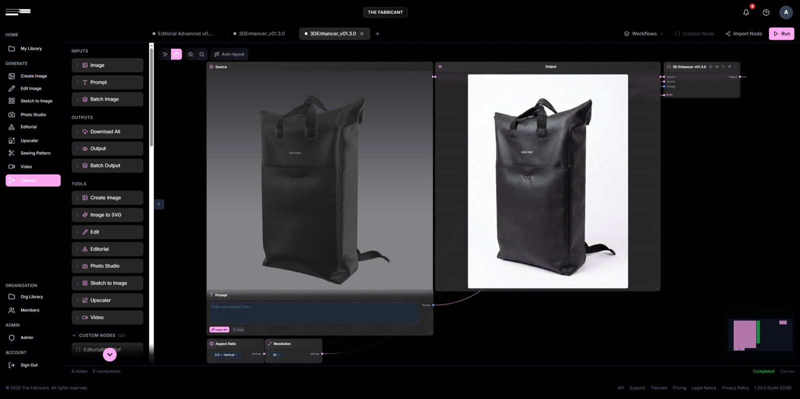 3D Enhancer node in The Fabricant Canvas turning a raw 3D track jacket render into a photoreal product image.