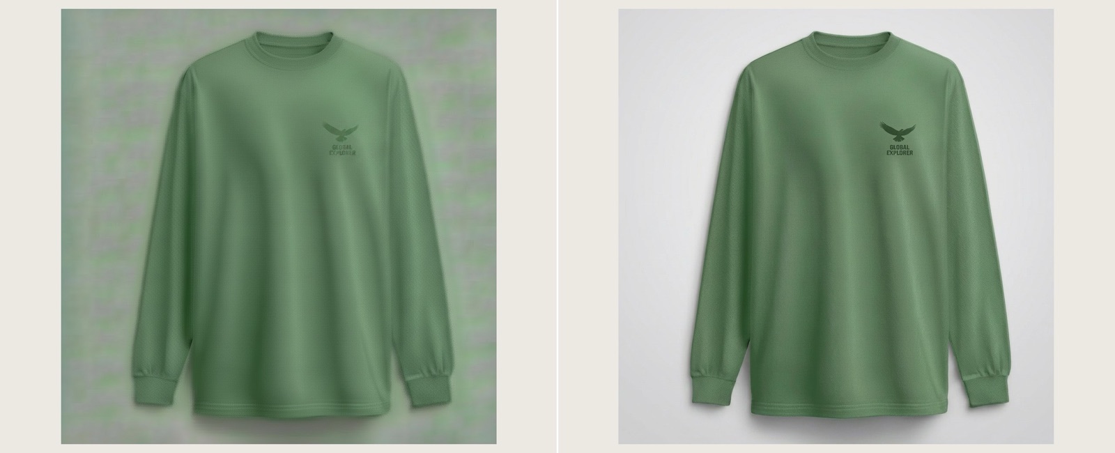 Before and after of improving image quality on a green logo tee in The Fabricant Intelligent Tools, removing compression artifacts