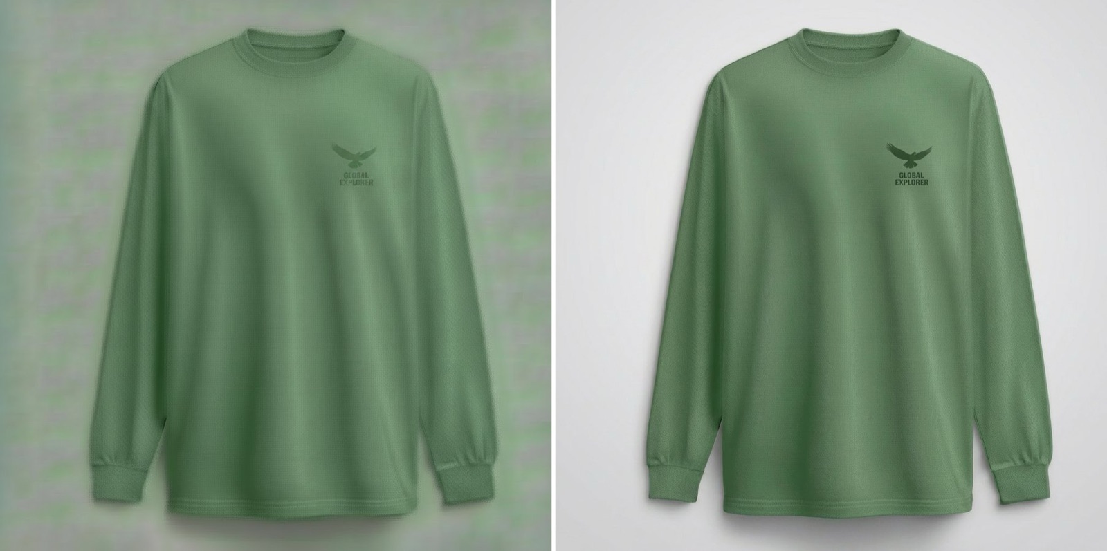 Before and after comparison showing compression artifacts removed from a green logo tee using the Edit Image tool