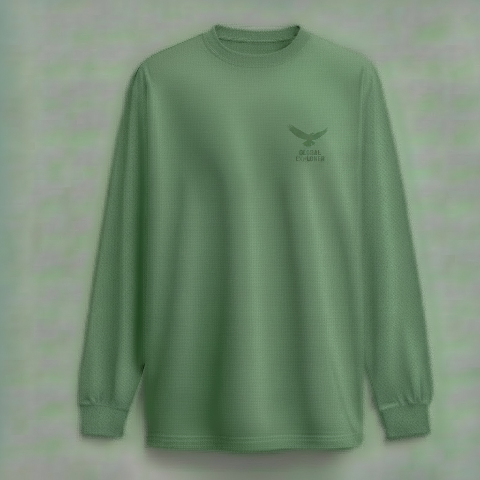 Low-quality AI fashion image with visible compression artifacts on a green long-sleeve tee in The Fabricant Intelligent Tools