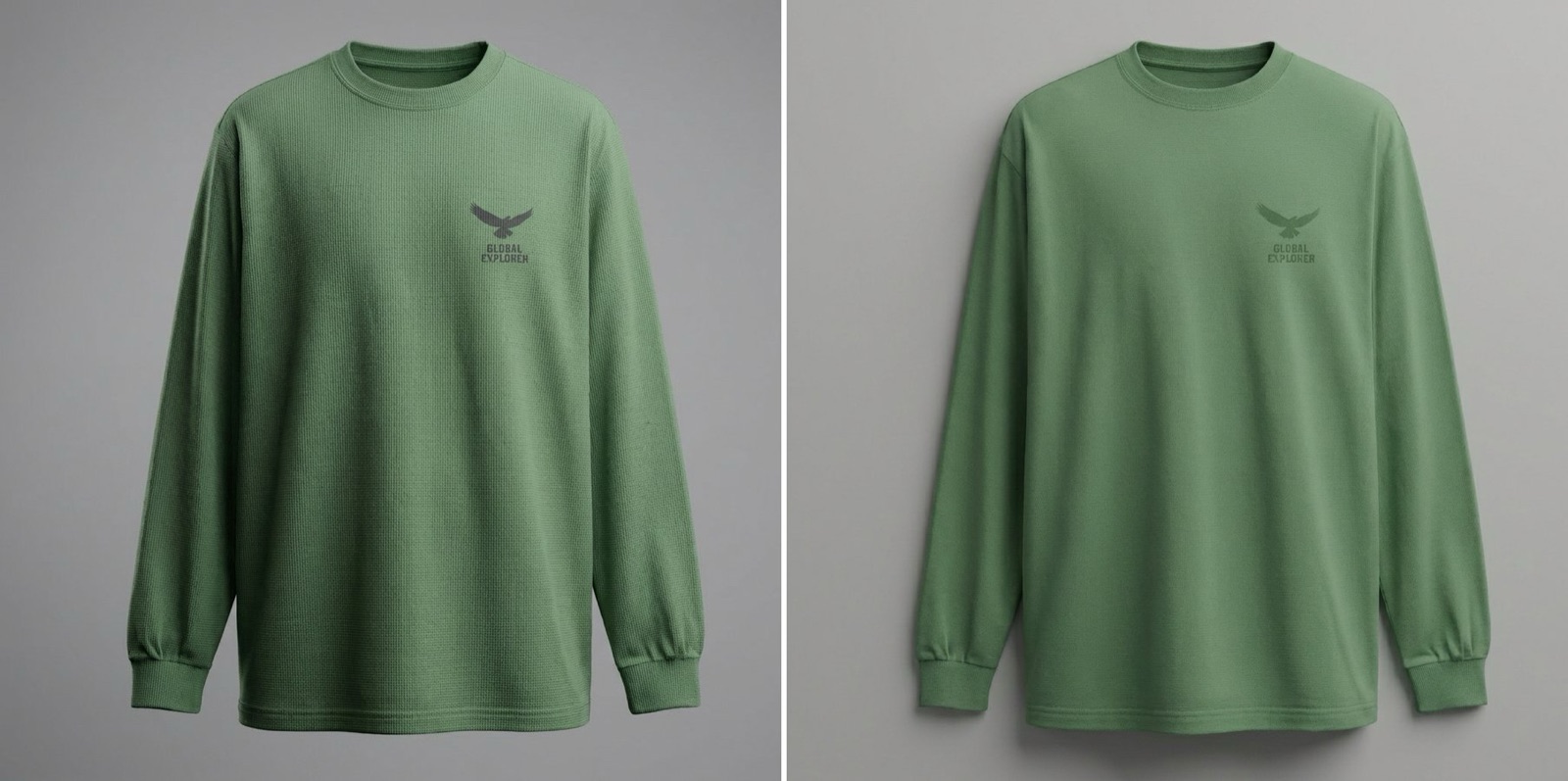 Comparison of unguided Enhance versus prompt-guided Enhance on a green tee, showing more accurate fabric with a text prompt