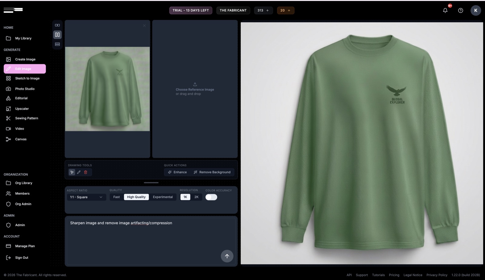 Edit Image tool in The Fabricant Intelligent Tools set to High Quality and 2K with a sharpen prompt to remove artifacts