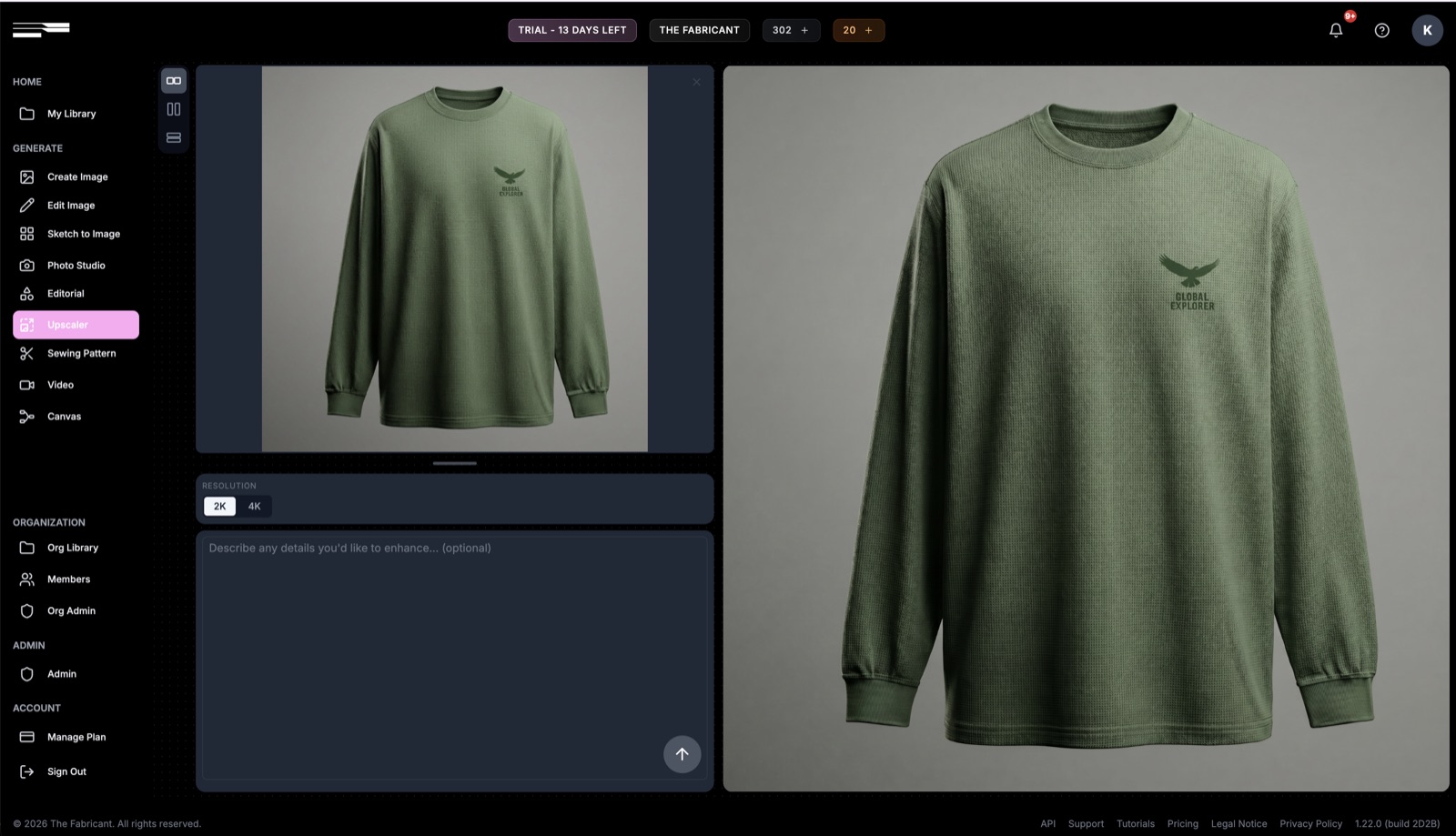 Upscaled high-resolution result of a green logo tee with restored detail and a clear logo in The Fabricant Intelligent Tools