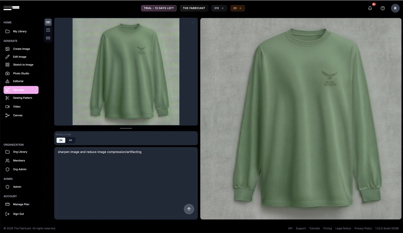 The Upscaler tool in The Fabricant Intelligent Tools with a prompt to sharpen and reduce compression artifacts on a green tee