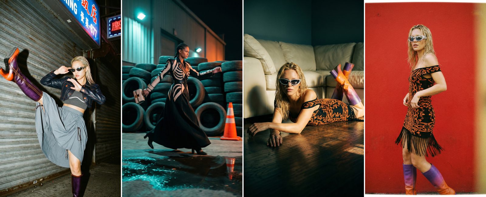 Four AI fashion editorial images created with Editorial Advanced in The Fabricant Canvas: one model styled across neon street, tyre yard, interior and red wall scenes.