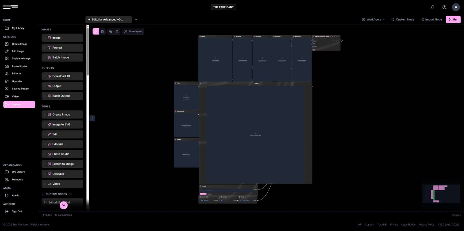 The Editorial Advanced custom node placed on a fresh Canvas graph in The Fabricant Intelligent Tools, ready for reference inputs.