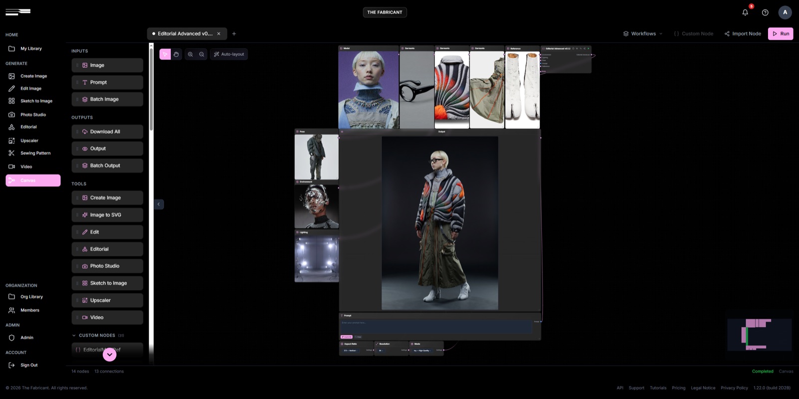A fully wired Editorial Advanced node in The Fabricant Canvas with model, garment and reference thumbnails feeding one unified editorial output.