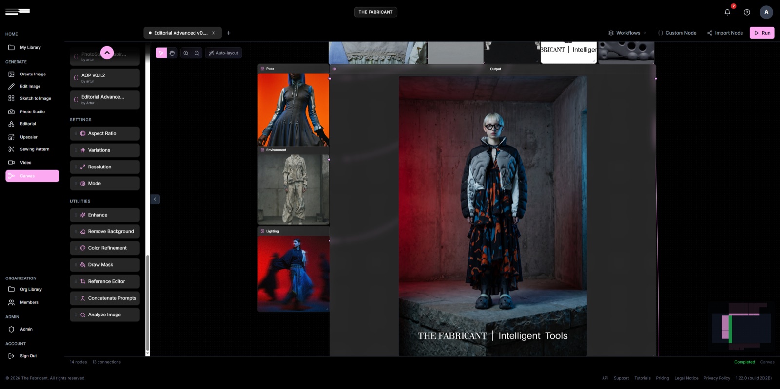 Pose, environment and lighting reference slots in The Fabricant Editorial Advanced node resolving into a single uniformly-lit editorial image.