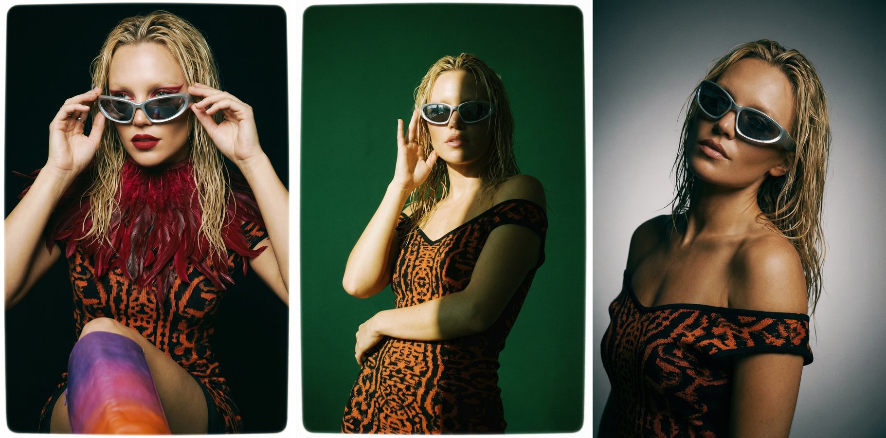 Three studio AI editorial portraits generated with The Fabricant Editorial Advanced node on black, green and grey backdrops.