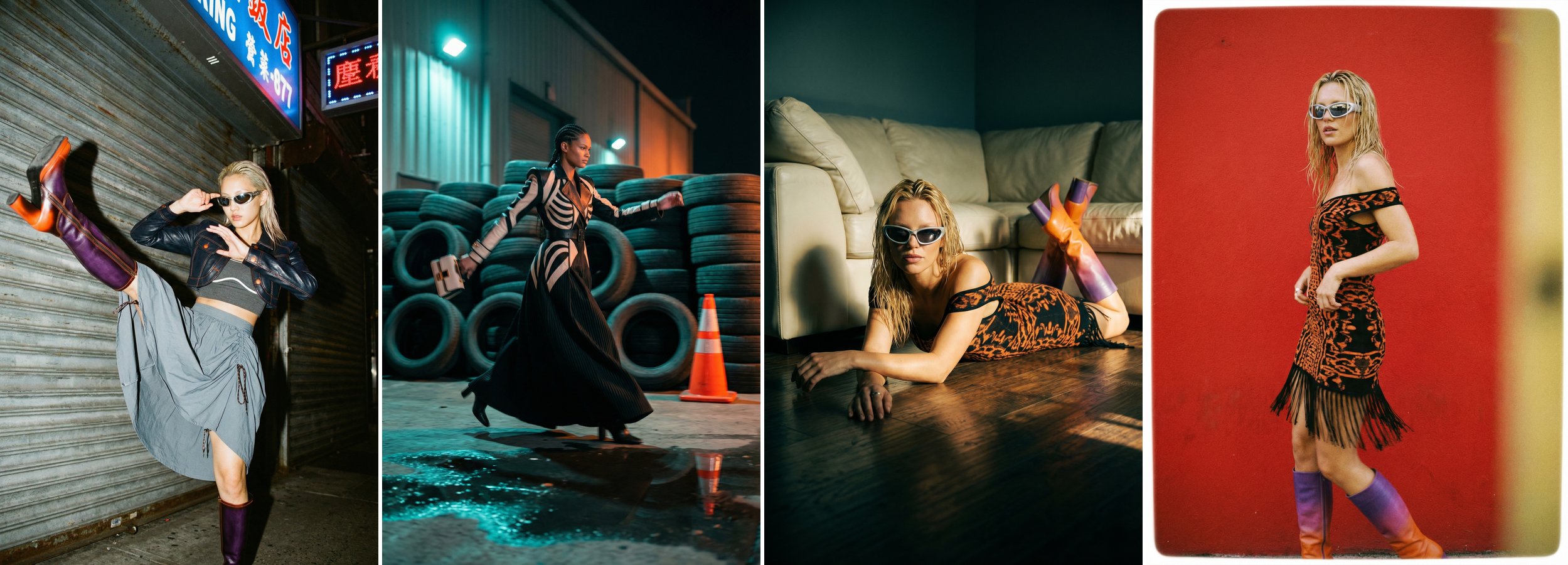 Four AI fashion editorial images generated with The Fabricant Editorial Advanced node: neon street, tyre yard, sunlit interior and red wall locations.