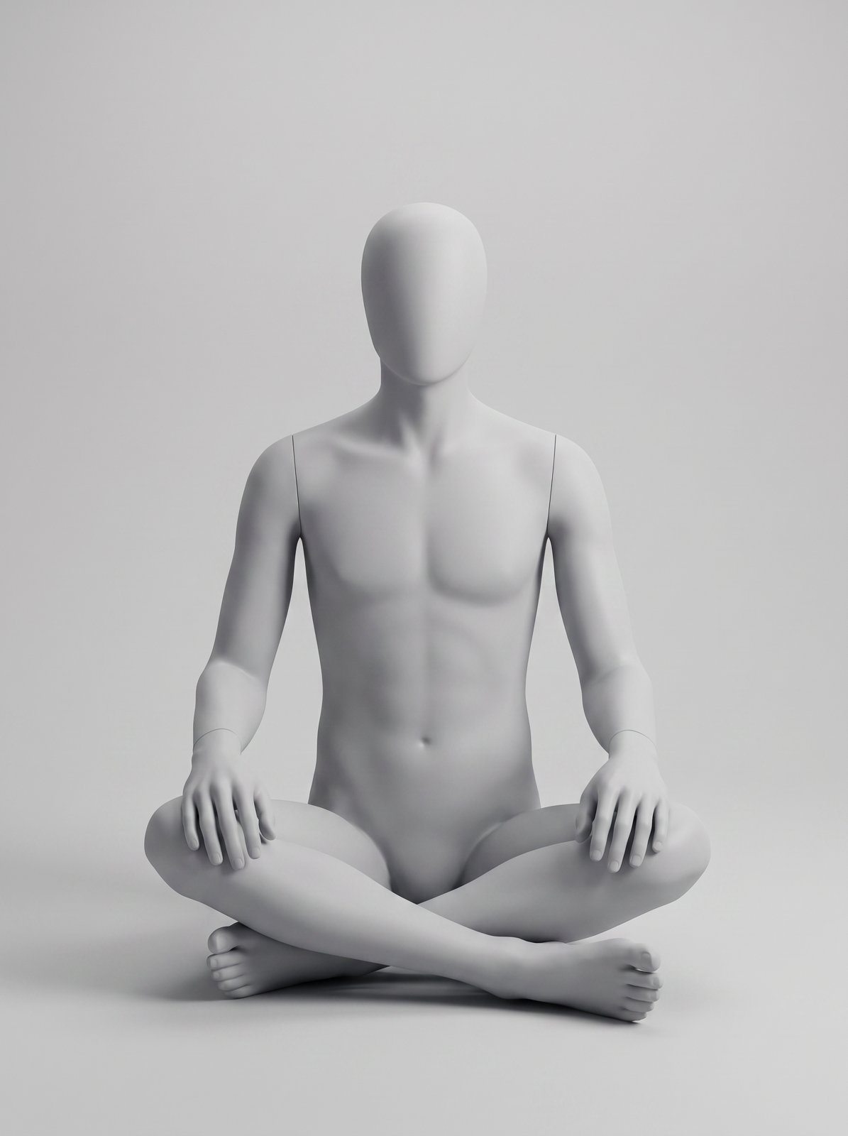 Light grey mannequin seated cross-legged on the floor, generated as an Edit Image pose variation of the same base mannequin