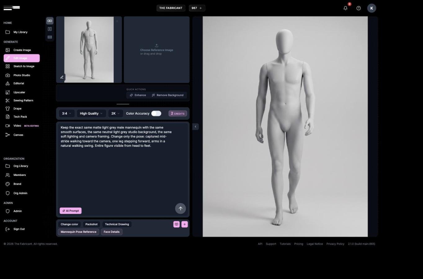 The Fabricant Edit Image tool with the base mannequin as source image and a generated walking pose variation of the same mannequin