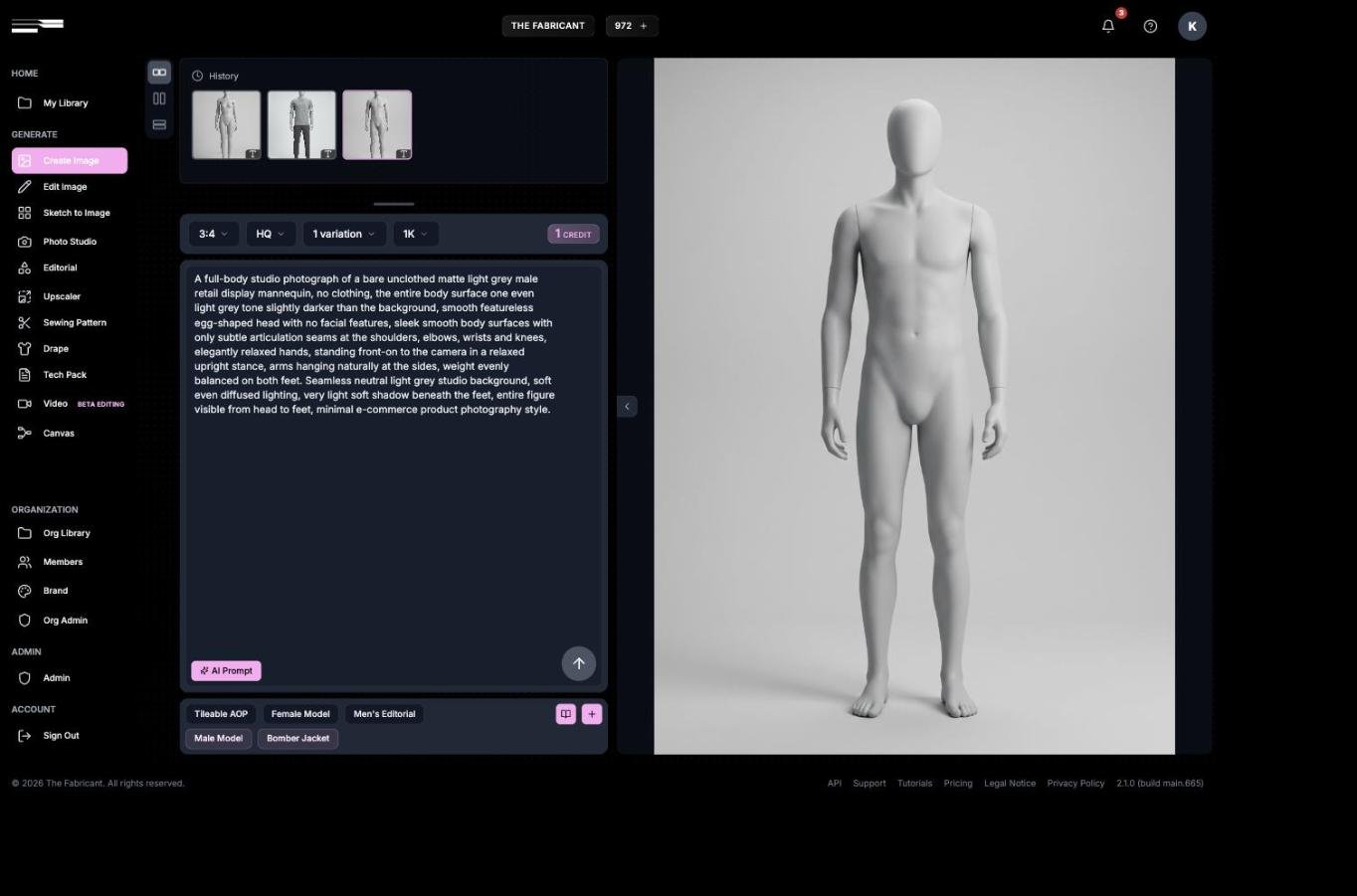The Fabricant Create Image tool showing the base mannequin prompt and the generated light grey mannequin render side by side
