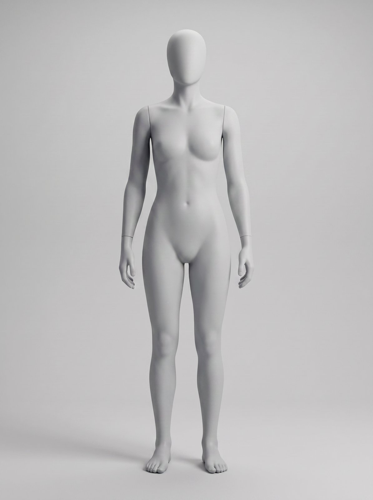Light grey female retail mannequin base render on a neutral grey studio background, transformed from the male base mannequin with The Fabricant Edit Image tool