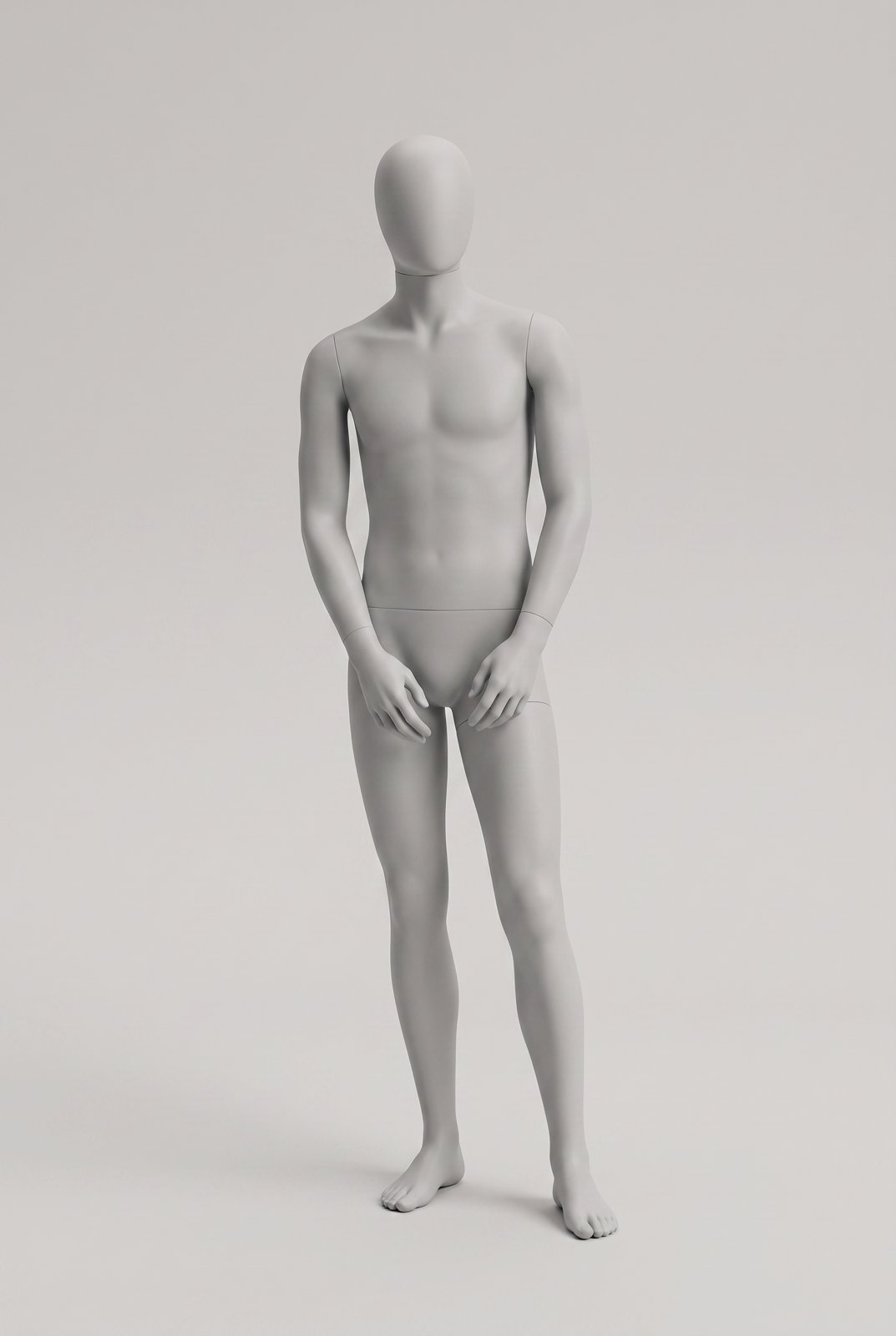 Light grey male mannequin pose reference: standing pose with hands loosely clasped together low in front