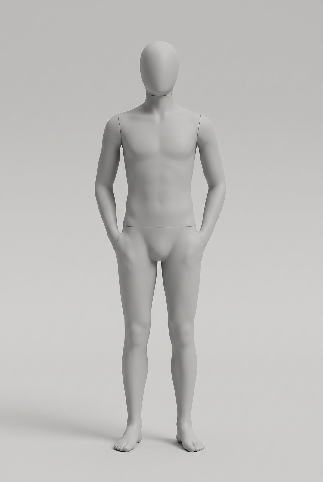 Light grey male mannequin pose reference: relaxed street stance with hands tucked at the hips as if in pockets