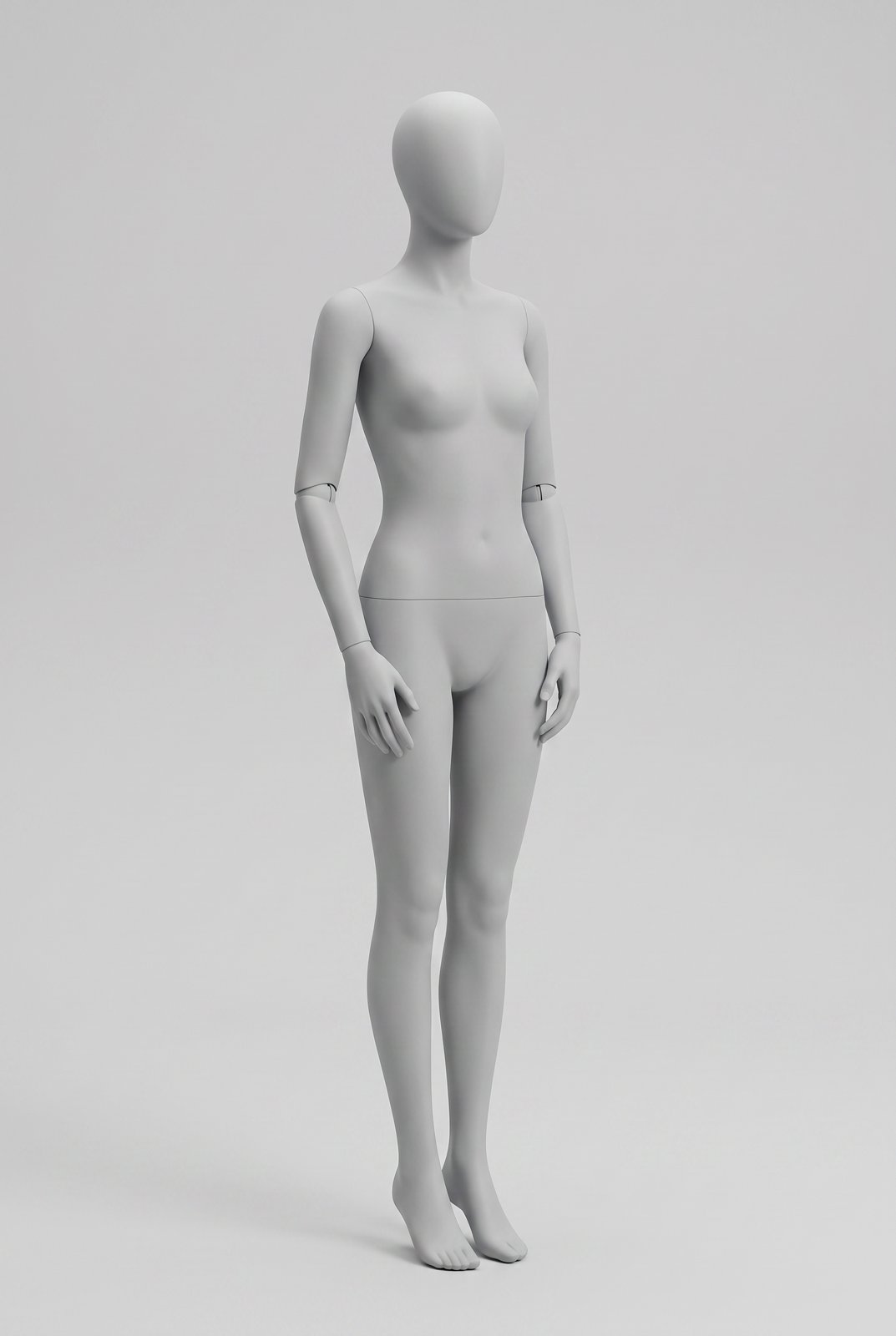 Light grey female mannequin pose reference: gentle standing pose with hands held together in front of the hips