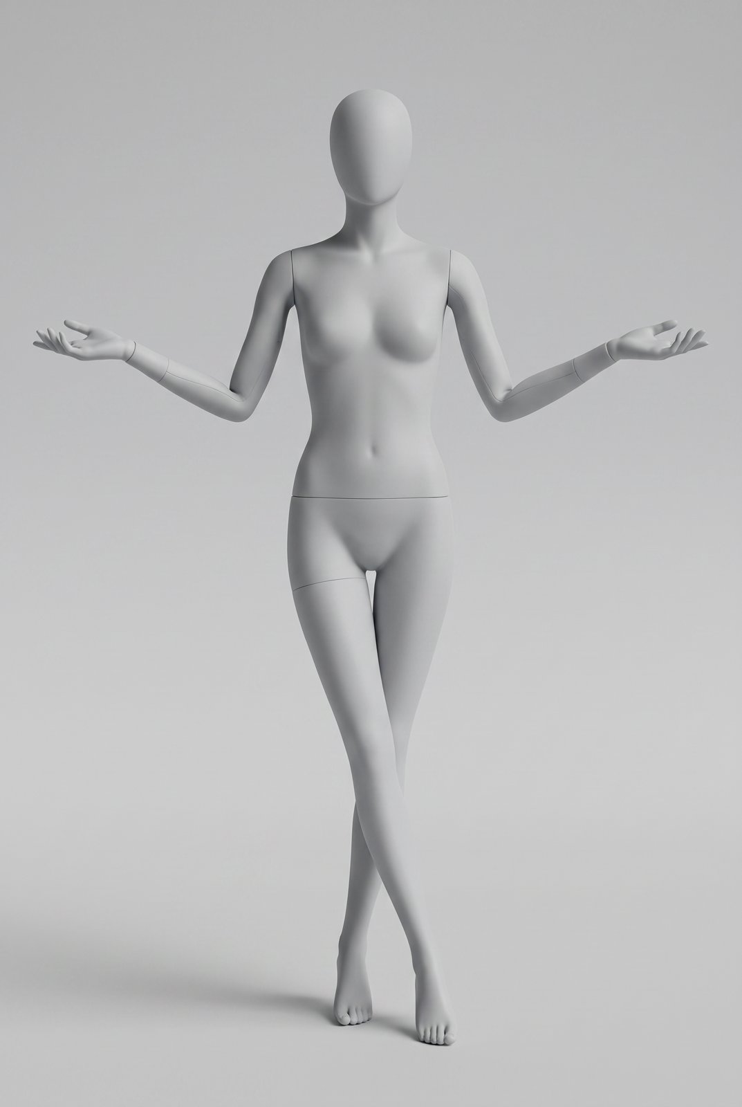 Light grey mannequin pose reference: expressive pose with arms open wide and one leg crossed in front of the other