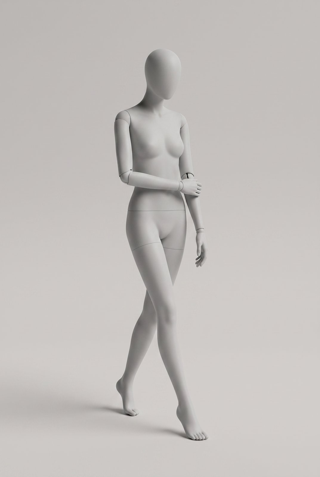 Light grey female mannequin pose reference: walking mid-step with head tilted down and one forearm folded across the waist