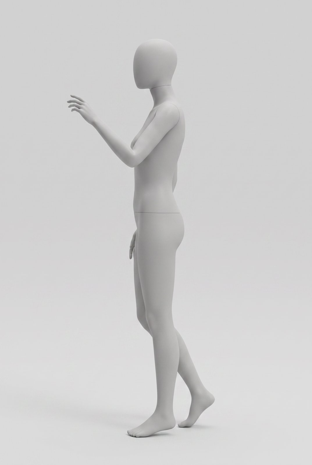 Light grey female mannequin pose reference: side profile pose reaching forward with one arm at shoulder height