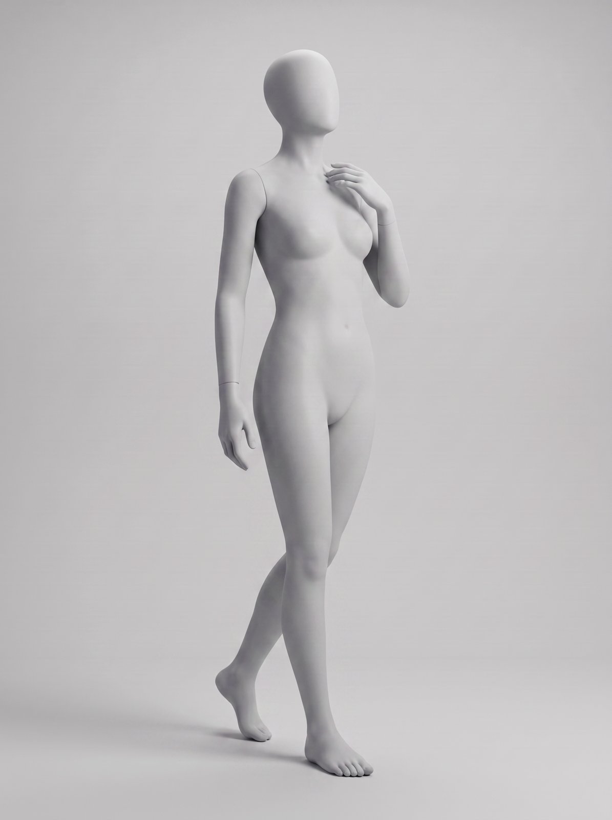 Light grey female mannequin pose reference: runway three-quarter stance with pointed toe and hand raised to the collarbone
