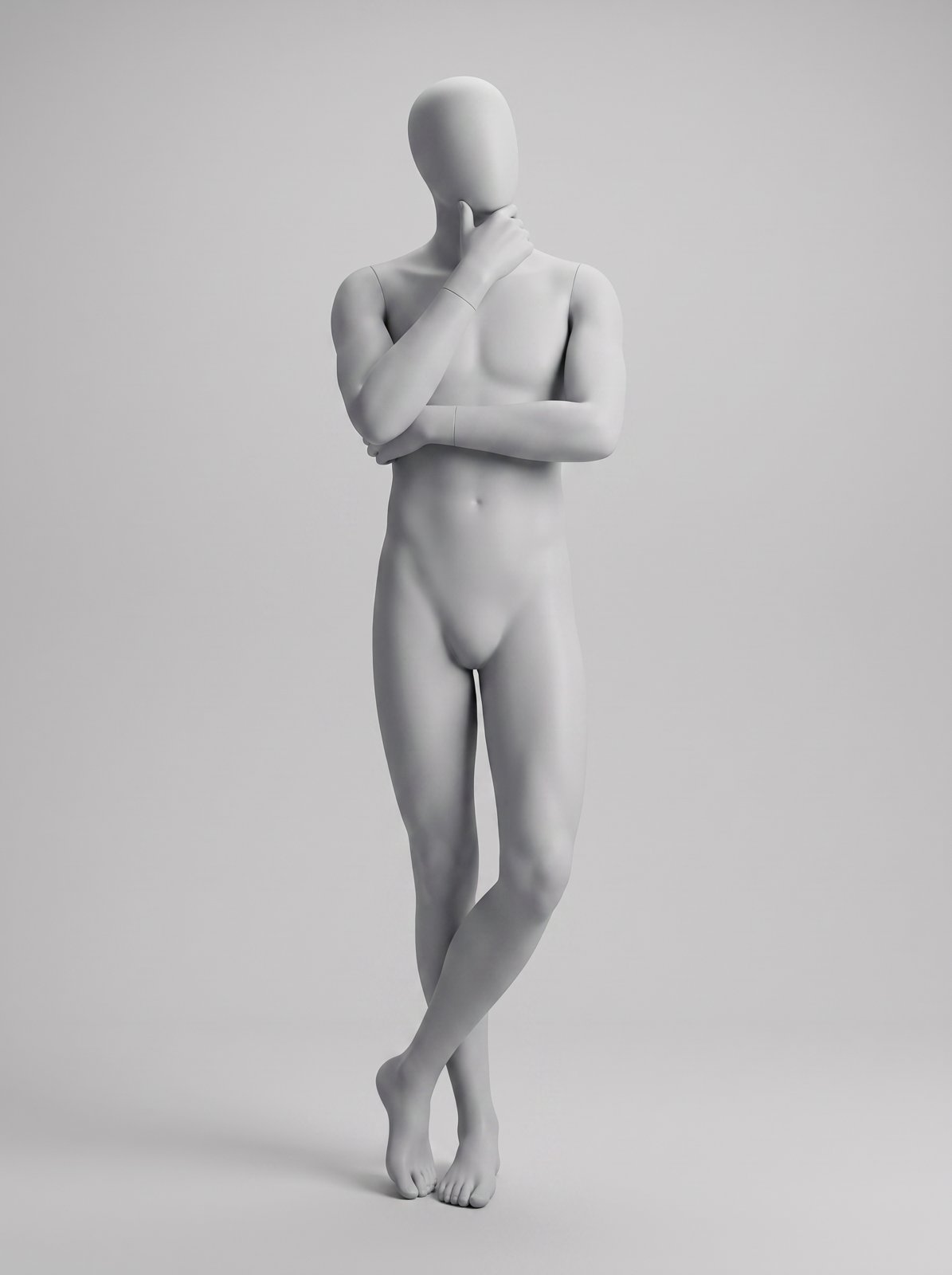Light grey male mannequin pose reference: arms crossed with one hand raised to the chin and ankles crossed